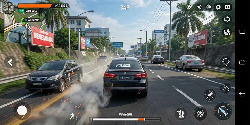 Tampilan gameplay Racing yang menegangkan di 34R dengan mobil balap cepat.